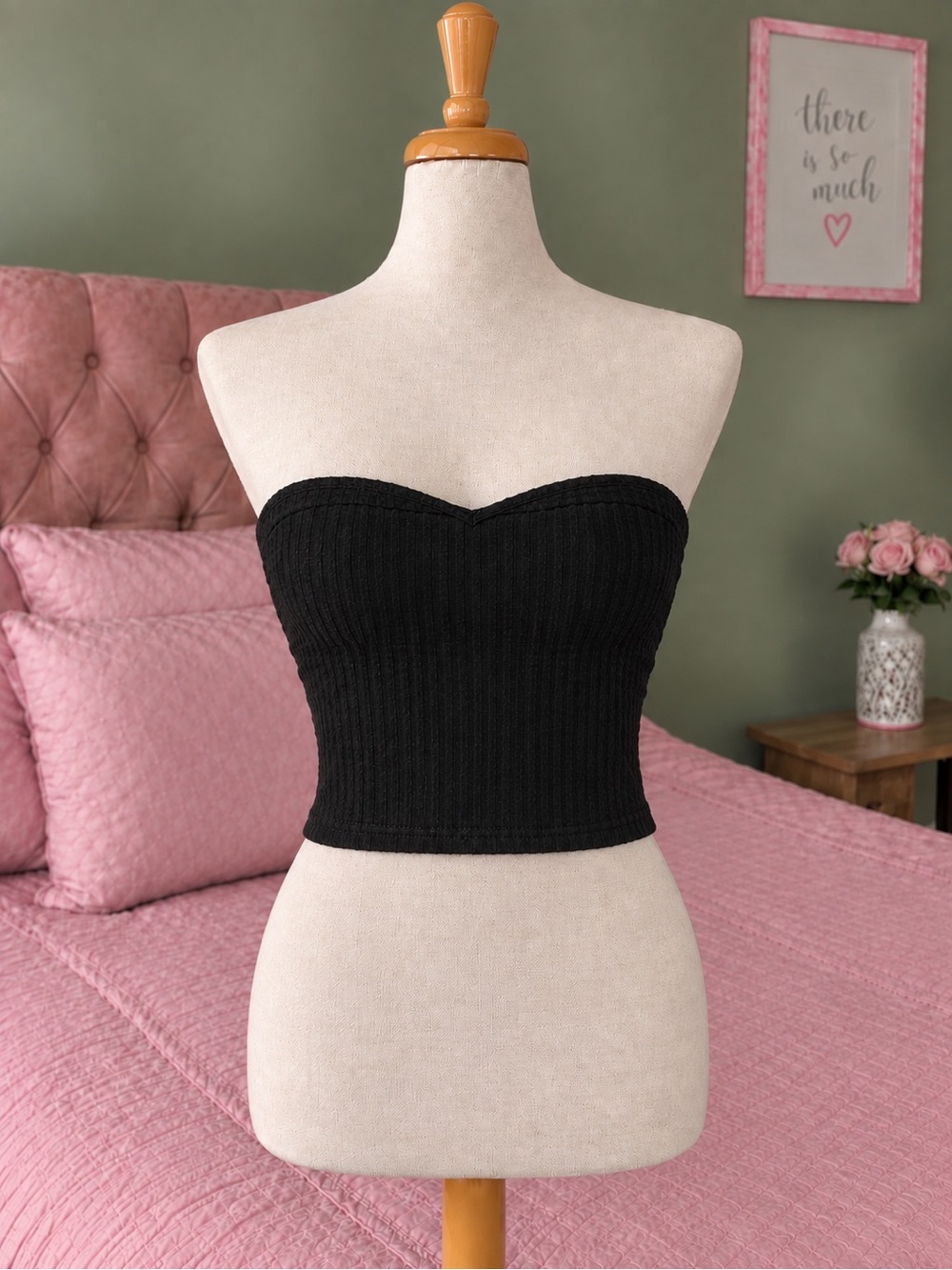 & Other Stories Black Ribbed Strapless Bandeau Crop Top